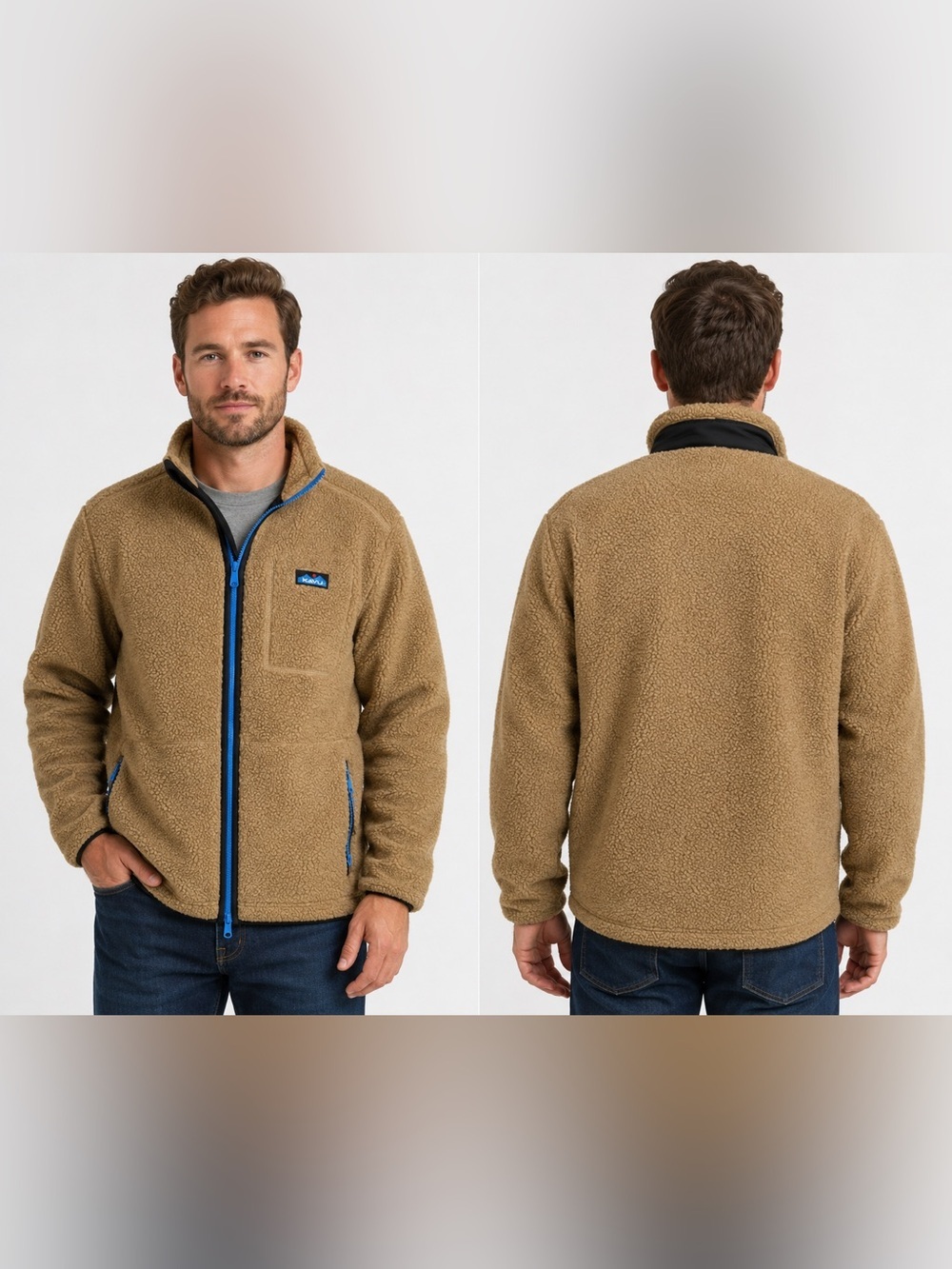 Kavu Tan Brown Sherpa Long Sleeve Jacket with Blue Full Zipper Men’s L Large